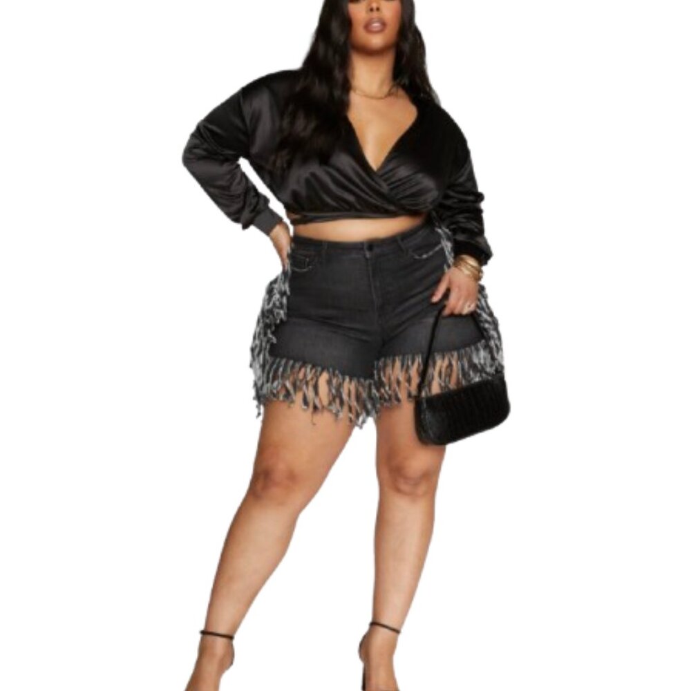 High Rise Denim Fringe Shorts (Sz. 14)